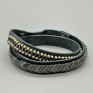 Stella & Dot Wrap Bracelet Women Black Studded Leather Chevron Edgy Glam